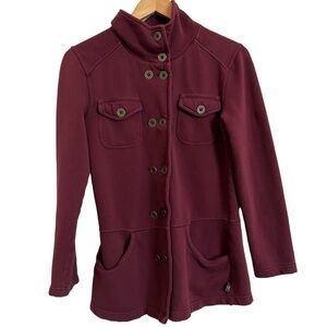 Prana Tori Double Breasted Military Jacket Sz S Burgundy Fleece Pockets Fall